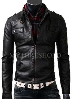Мъжко кожено яке в байкерском стил, ретро моторист, приталенное черно палто от естествена кожа, мъжки връхни дрехи