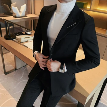 Луксозен Висококачествен черен бизнес бизнес костюм, мъжки яке с двойно цепка, оборудвана блейзър, сватбена рокля, висококачествени банкетни смокинги