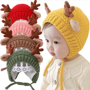 Коледна зимна шапка с оленьими рога за малки момчета и момичета, топло вязаная шапчица за защита на ушите, обикновен детски шапки-барети
