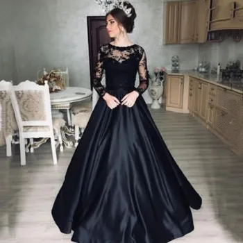 Вечерна рокля Vinca Sunny с дълъг ръкав, бална рокля 2023, рокля на принцеса с кръгло деколте, черна дантела, вечерна рокля за бала, сатенени гънки, вечерна рокля