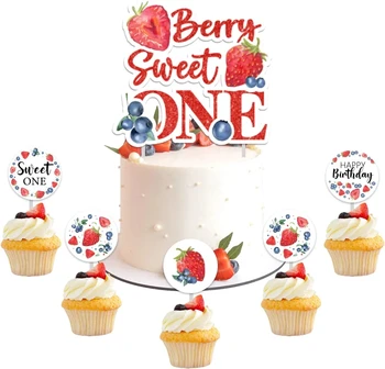 Украса Berry Sweet One с ягоди, червена ягоди и боровинки, топперы за тортата на 1-ви рожден ден, плодови тематични аксесоари за момичета