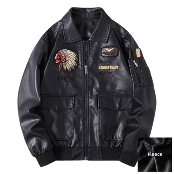 Есенно-зимно мъжко кожено яке с бродерия на лацканах, тенденция байкерская мотоциклетът яке, мъжки модни и ежедневни ветрозащитная яке-бомбер от изкуствена кожа