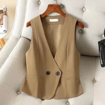 Корейски кратък черен женски жилетка, пролетно яке без ръкав, жилетка с V-образно деколте, къси модни жилетки, офис женски лятна жилетка, палто