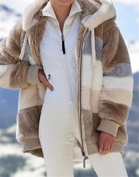 Извънгабаритни дамски зимни якета негабаритная модни и ежедневни зашити облекло Свободна плюшен яке с качулка с цип дамско яке от кожа агне