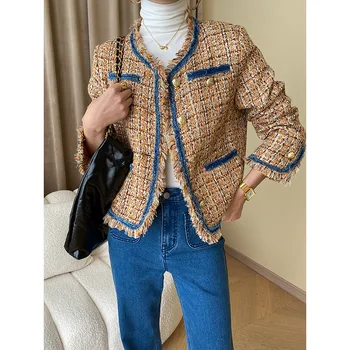 Висококачествена френска корейската версия, дамски къс яке, топ от твида, ярки, искрящи модни ежедневни дамски блузи, палта
