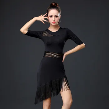 Женствена рокля за латинските танци, черна висококачествена дрехи за модерни танци с пискюли, 4XL, Окото Секси пола за балните танци/Ча-Ча-Ча