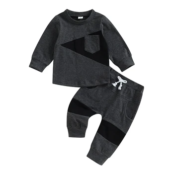 Комплект дрехи от две части за деца, hoody с дълги ръкави в стил мозайка и ластични панталони, комплект топли дрехи за малките момичета и момчета