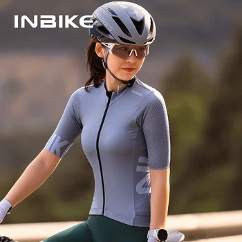 INBIKE Дамски Велосипедна Фланелка с къс ръкав, тениски за шоссейного под наем, дрехи за колоездене, МТБ Джърси за каране на велосипед, с 3 задните джобове