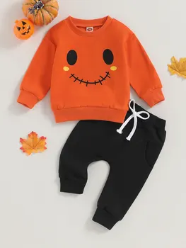 Сладко малко тиква костюм за Хелоуин, комплект за малки момчета, hoody с смайликом, тениски с дълъг ръкав и панталони за джогинг -