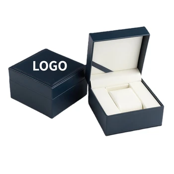Синя квадратна кутия за съхранение часа във формата на мида от изкуствена кожа, безплатна услуга за вырезанию, лого дизайн, персонализиране на лого