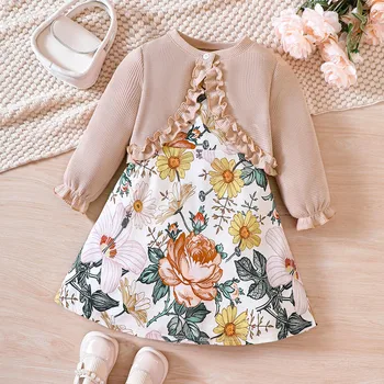 Комплекти детски ежедневни облекла, облекла за момичета, пролет-есен 2023, нови модерни плетени блузи за деца, без ръкави рокля с флорални принтом