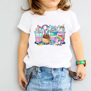 Тениска Kawaii За момичета, Забавен Еднорог, Чаша за Вода, Детски Дрехи С Графичен Принтом, тениска, Летни Дрехи За момичета, Топ с къс ръкав от 1 до 15