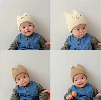 Корейската вязаная шапка с хубав мечка за новородено, капачка за защита на ушите, мека детска шапчица-капор, зимни вълнена шапка, пуловер за момчета и момичета, шапка