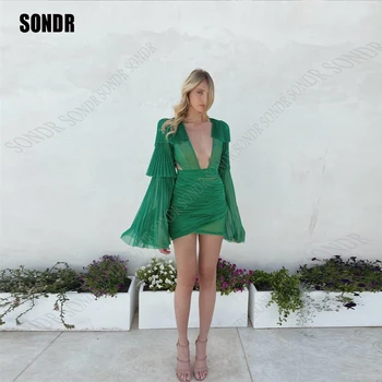 SONDR Зелени шифоновые къси рокли за партита трапецовидна форма с дълбоко V-образно деколте и с отворен гръб, един коктейл рокля за бала, женски рокли за официални събития 2023