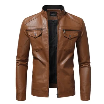 Брандираната яке от изкуствена кожа; мъжки есенно-зимни директен кожено яке с голям размер с висока яка; модерен красив джоб за мотоциклет
