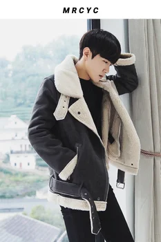 Зимна нова мъжки замшевая яке от изкуствена кожа с топъл кожа яка, корейското мъжки мотоциклетное ежедневното палто, модни памучен връхни дрехи от агнешко месо