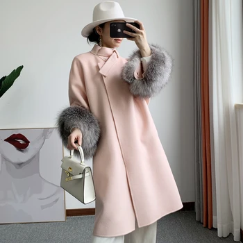 Новост 2023 г., модни горна дреха с яка и маншети от естествен лисьего кожа, вълна палто с дълъг ръкав от естествен лисьего кожа, вълна палто