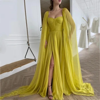 Жълто Вечерна рокля за жените Трапецовидна форма с Дължина до пода с шифоновой нос, Елегантна Рокля за парти 2023 година в стил 