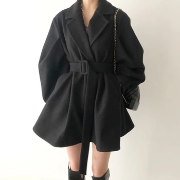 2023 Есенно-зимния женски модерен сако от костюм, нов колан, ръкав-фенер, вратовръзка с ревери, вълнени памучни палто, обикновена палта за жени