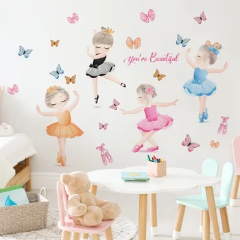 2 бр., танцуваща малко момиченце, мультяшная стикер за стена с папийонка, сладък фон, стенни картини за всекидневна, декориране на спалня, стикер за стена