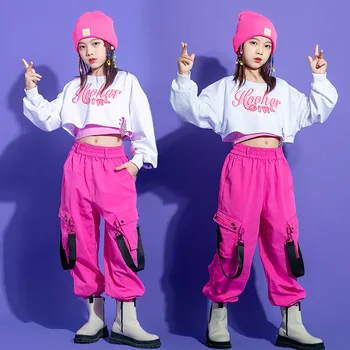Младежки укороченная hoody за танци в стил хип-хоп, розови панталони, костюми, костюми за момичета, хип-хоп, джаз, костюми за улични танци, рейв-облекло с висока талия