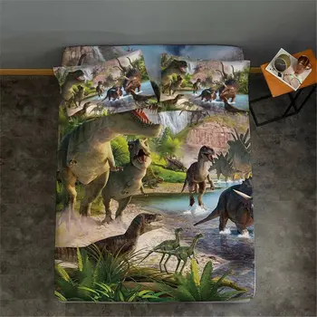 Кърпи с динозаври 3D реалистична зелен чаршаф с динозаври от древни джунглата, детски комплект от мек микрофибър двоен размер