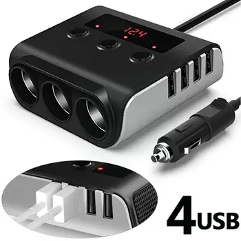 Автомобилни запалки, мултифункционално зарядно с 4 USB, digital адаптер, най-бързият автомобил с пристанища, цвят на дисплея черен B9Z8