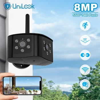 UniLook 4K 8MP външна безжична камера с двойна леща, Wifi, камера за сигурност, широкоугольное визия на 180 °, изкуствен интелект, откриване на движение и аларма