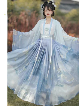 Китайските традиционни костюми династия Ханьфу за жени с пролетта принтом журавля, прости елегантни светло сини и зелени рокли, комплекти от 3 теми