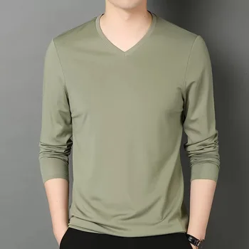 Тениска с V-образно деколте, мъжки ежедневни риза, елегантен пуловер с дълги ръкави, однотонная майк, мъжки базова риза, черна тениска в стил харадзюку