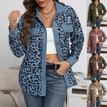 2023 Жените в есенно-зимната мода яке с леопардовым принтом и бутони с дълъг ръкав, палта, дамски