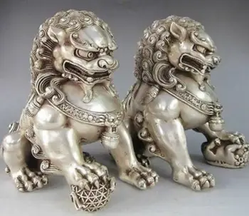 Медна статуетка 12 *12 см Китайски сребърен лъв-пазител, няколко статуи на кучета Фу Фу