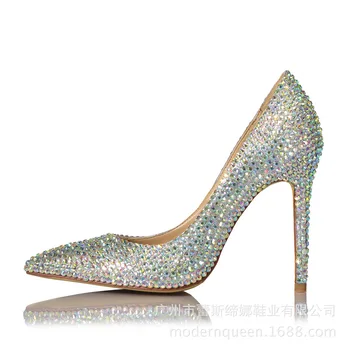 Дамски обувки-лодки, сватбени обувки, модни пролетни обувки с кристали на тънък висок ток 10 см, блестящи вечерни обувки с кристали, банкетни