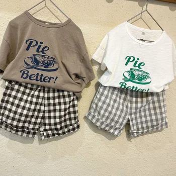 Летни дрехи в корейски стил за малки момчета и момичета, памучен тениска с къси ръкави и принтом + шорти с мрежа, комплект детски дрехи