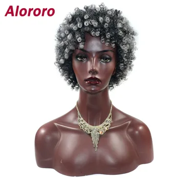 Alororo Афро Къдрава Синтетични Перука Бразилски Черен Сив Разход на Цвят Къса Перуки за Жени Висока Жично Пухкави Естествена Перука