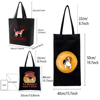Черно платно с изображение Бигля, прости чанти за пазаруване с анимационни принтом, модни дрехи за момичета, ежедневни чанти-поничка със сладко кученце, ръчна чанта