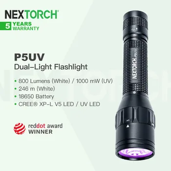 Фенер Nextorch P5UV с двойна led бяла светлина и ултравиолетовите лъчи 365 нм, която се презарежда чрез USB с възможност за завъртане на 360 ° от батерия 18650, EDC