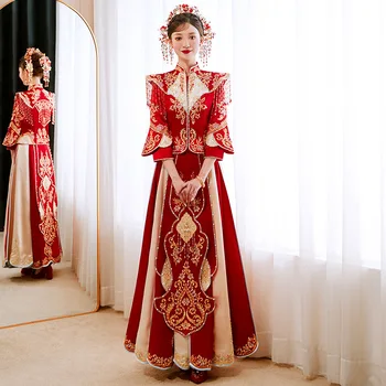 Винтажное рокля с шал яка подпора, рокля в китайски стил, червено атласное сватбена рокля с пискюли и бродерии, облекла за тостер