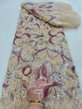 Висококачествени дантелени платове с мъниста за вечерните рокли, бродирани с пайети, луксозно тюл, сватбен 2023, африкански мъниста, лейси плат за шиене