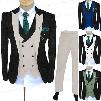2021 Брендовый жаккардовый черен костюм за мъже с бежово жилетка и панталони, комплект от 3 елементи, изработена по поръчка Модерен бизнес смокинг, костюми за вечеря на младоженеца, сватбени костюми