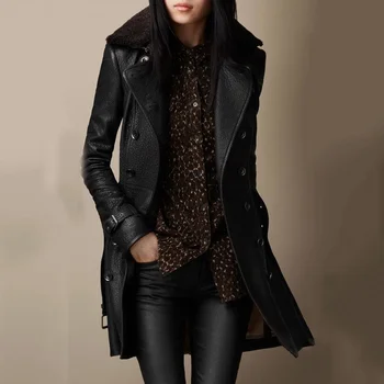 Британски женски кожена тренч с яка от изкуствена кожа, мотоциклетът удебелена кожено яке, дамски облегающая връхни дрехи, зимни