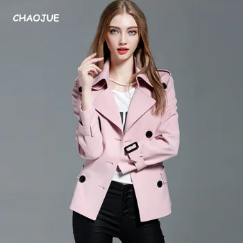 Брендовое кратко розово палто 2023 Пролет/есен, по женски тънък, елегантен черен тренч, висококачествени дамски горни трикотажни палто от полиестер