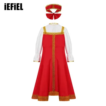 Руски традиционен костюм за момичета, червена рокля с пищни ръкави и златни бродерии, с дължина до коляното + прическа, празнична рокля за cosplay на Хелоуин