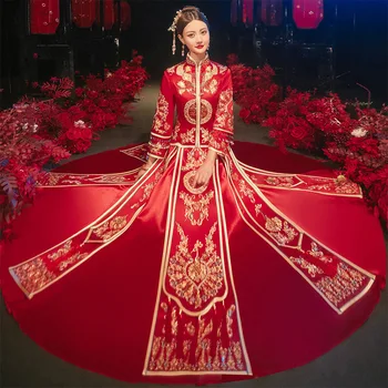 Елегантна Бродерия на Мъниста Пискюл Китайски Традиционен Сватбен Костюм Отношение Чонсам Елегантна Сватбена Рокля на Булката китайски дрехи