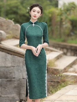 Китайските жени, замшевый Чонсам с ръкав в седем точки, елегантна яка-часова, рокли ципао с дантелен аппликацией, расшитой мъниста