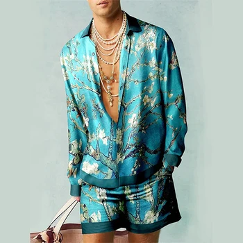 Мъжки комплект с винтажным цветисти принтом, Хавайски плажен комплект от две части с дълъг ръкав, мъжки лятна ежедневни облекла, комплект от две части, външни капаци