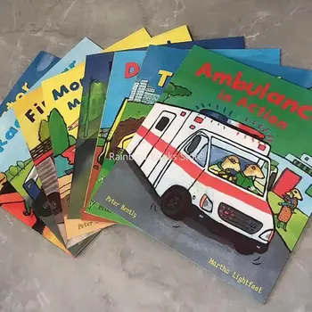 8 Книги Заети Колела Багер Пожарна Кола Състезателни Трактор Първа Помощ Английска Книга С Разкази Момче Децата Знания Образование В Илюстрирана Книга