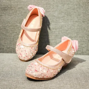 Детски кожени обувки за бебета, момиченца, кристални дрънкулката с лък, обувки на принцесата подметка, сватбени обувки за танци, единични обувки