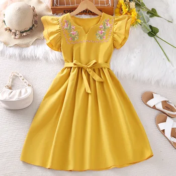 2023 Лятото Ново Прием, Жълта рокля Roupa Infantil Menina Без ръкави, с кръгло деколте и цветна бродерия за момичета, Хубава премяна на поръчката от 8 до 10 години