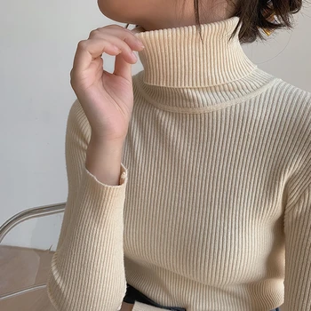 Жена пуловер, есенно-зимния шарени вязаный пуловер-поло с дълги ръкави и висока воротом, женски случайни тънък универсален основен пуловер